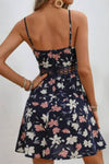 Robe Champêtre Courte Col En V Bretelles Fines Coupe A-Line Fleurie Bleu Profond