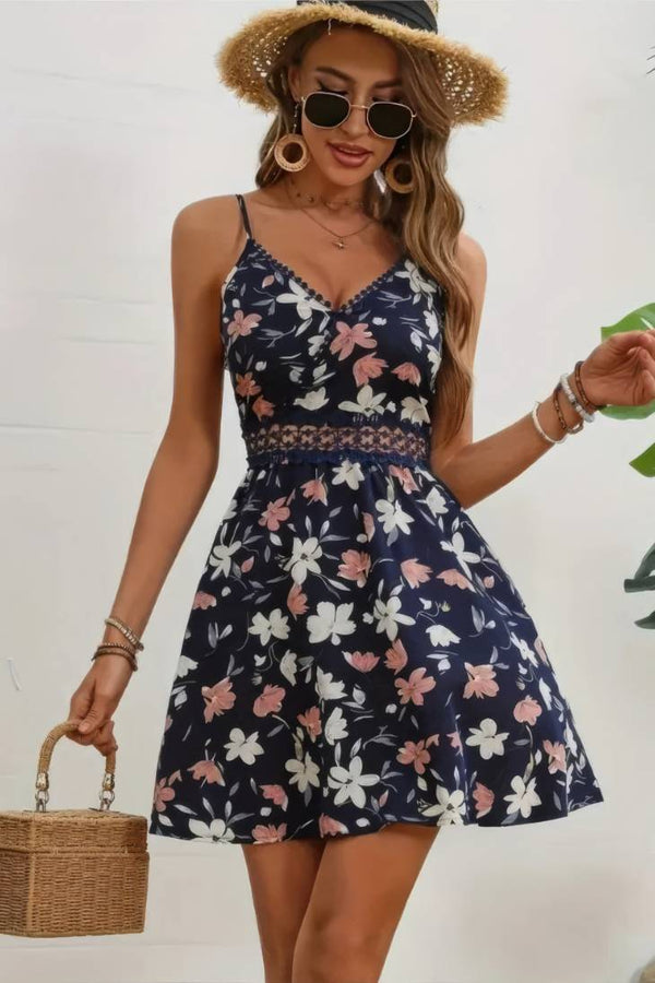 Robe Champêtre Courte Col En V Bretelles Fines Coupe A-Line Fleurie Bleu Profond