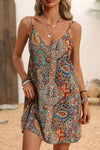Robe Champêtre Courte Col En V Bretelles Fines Coupe A-Line Motifs Bohème Multicolore