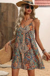 Robe Champêtre Courte Col En V Bretelles Fines Coupe A-Line Motifs Bohème Multicolore