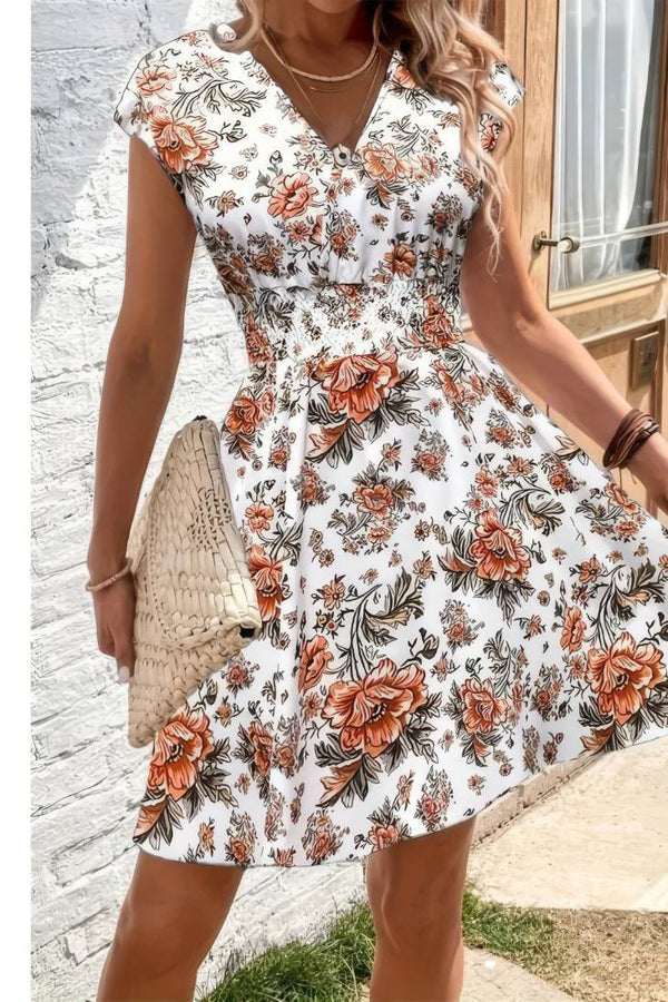Robe Champêtre Courte Col En V Manches Courtes Taille Smockée Coupe A-Line Fleurie