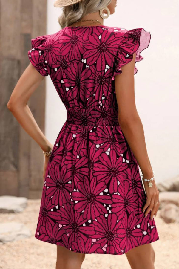 Robe Champêtre Courte Col En V Manches Papillon Coupe A-Line Motifs Floraux