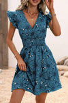 Robe Champêtre Courte Col En V Manches Papillon Coupe A-Line Motifs Floraux