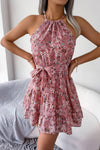 Robe Champêtre Courte Col Halter Sans Manches Coupe A-Line Ceinturée Fleurie