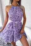 Robe Champêtre Courte Col Halter Sans Manches Coupe A-Line Ceinturée Fleurie
