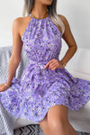 Robe Champêtre Courte Col Halter Sans Manches Coupe A-Line Ceinturée Fleurie