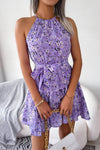 Robe Champêtre Courte Col Halter Sans Manches Coupe A-Line Ceinturée Fleurie