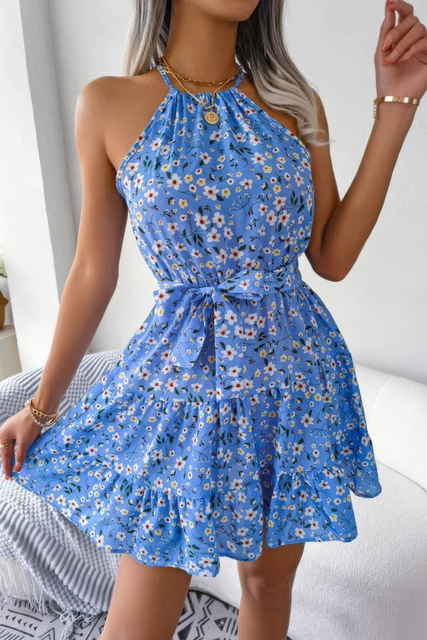 Robe Champêtre Courte Col Halter Sans Manches Coupe A-Line Ceinturée Fleurie