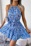Robe Champêtre Courte Col Halter Sans Manches Coupe A-Line Ceinturée Fleurie