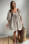 Robe Champêtre Courte Patchwork Bohème Manches Bouffantes Col En V