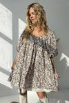 Robe Champêtre Courte Patchwork Bohème Manches Bouffantes Col En V
