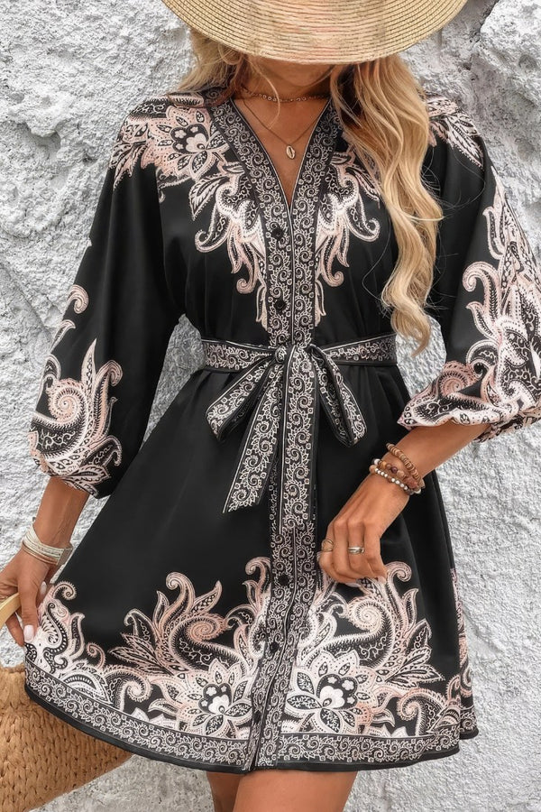 Robe Champêtre Courte Vintage Col V Manches Bouffantes Ceinture Imprimé Baroque