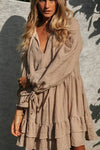 Robe Champêtre De Plage Boho Manches Longues Col En V Volantée Brun Clair
