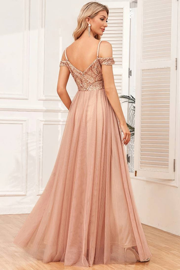 Robe Champêtre De Soirée Maxi À Paillettes Col Bardot Bretelles Fines Longue Fluide En Tulle