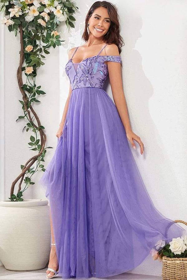 Robe Champêtre De Soirée Maxi À Paillettes Col Bardot Bretelles Fines Longue Fluide En Tulle