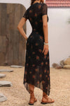 Robe Champêtre Élégante À Fleurs Manches Courtes Col Montant