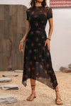 Robe Champêtre Élégante À Fleurs Manches Courtes Col Montant