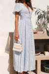 Robe Champêtre Élégante Col En V Manches Bouffantes Boutonnée Taille Haute Plage Été