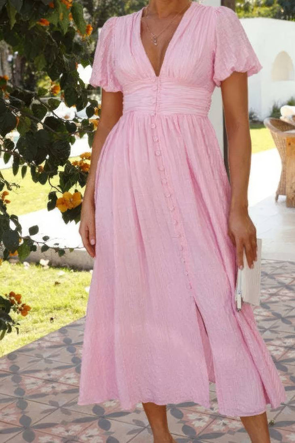 Robe Champêtre Élégante Col En V Manches Bouffantes Boutonnée Taille Haute Plage Été