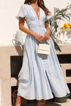 Robe Champêtre Élégante Col En V Manches Bouffantes Boutonnée Taille Haute Plage Été