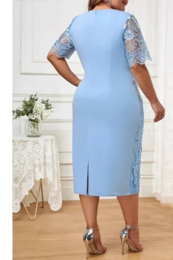 Robe Champêtre Élégante Dentelle Manches Courtes Col Rond Midi Moulante Grande Taille