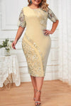 Robe Champêtre Élégante Dentelle Manches Courtes Col Rond Midi Moulante Grande Taille