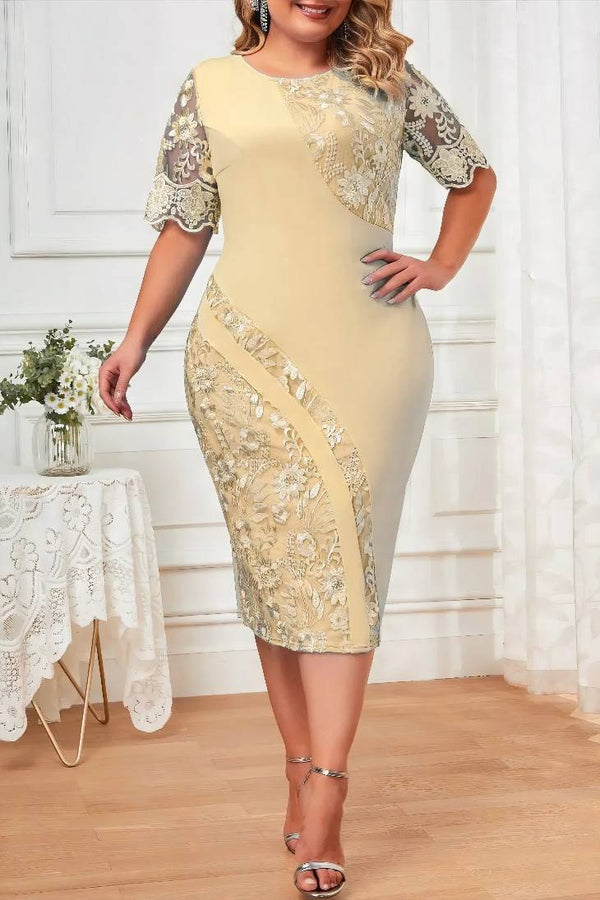 Robe Champêtre Élégante Dentelle Manches Courtes Col Rond Midi Moulante Grande Taille