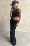 Robe Champêtre En Dentelle Crop-Top Jupe Longue Ajourée Col Rond