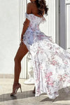 Robe Champêtre Fleurie Longue Fendue Épaules Dénudées Bretelles Col Cœur Blanc Rose Été Soirée