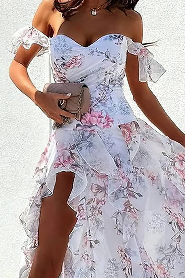 Robe Champêtre Fleurie Longue Fendue Épaules Dénudées Bretelles Col Cœur Blanc Rose Été Soirée