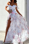 Robe Champêtre Fleurie Longue Fendue Épaules Dénudées Bretelles Col Cœur Blanc Rose Été Soirée