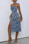 Robe Champêtre Fleurie Midi À Bretelles Spaghetti Décolleté Taille Cintrée Fente Haute