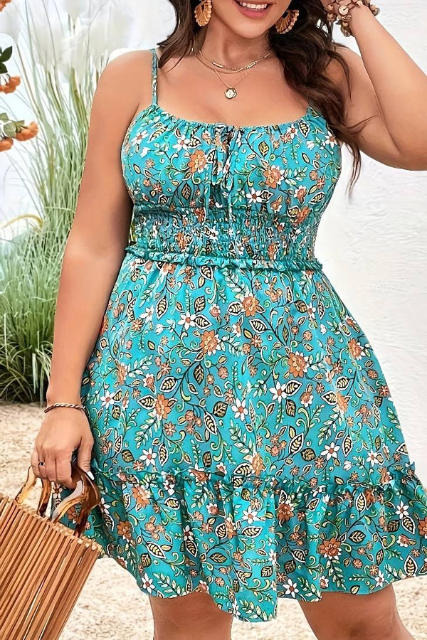Robe Champêtre Grande Taille Imprimé Fleuri Bretelles Fines Taille Smockée