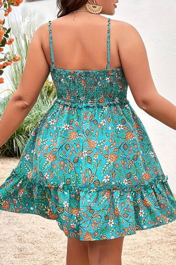 Robe Champêtre Grande Taille Imprimé Fleuri Bretelles Fines Taille Smockée