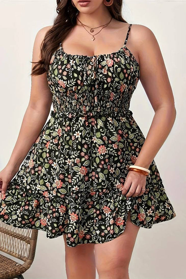 Robe Champêtre Grande Taille Imprimé Fleuri Bretelles Fines Taille Smockée