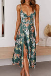Robe Champêtre Longue À Fleurs Bretelles Fines Nœud Poitrine Taille Haute Fente Latérale
