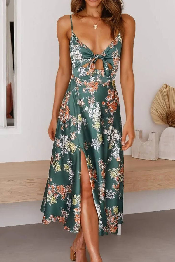 Robe Champêtre Longue À Fleurs Bretelles Fines Nœud Poitrine Taille Haute Fente Latérale