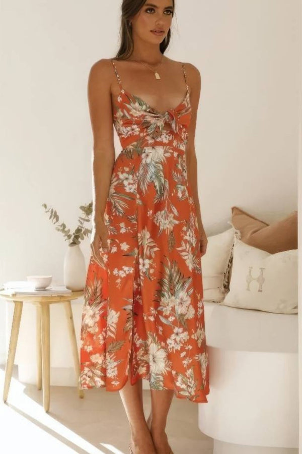 Robe Champêtre Longue À Fleurs Bretelles Fines Nœud Poitrine Taille Haute Fente Latérale