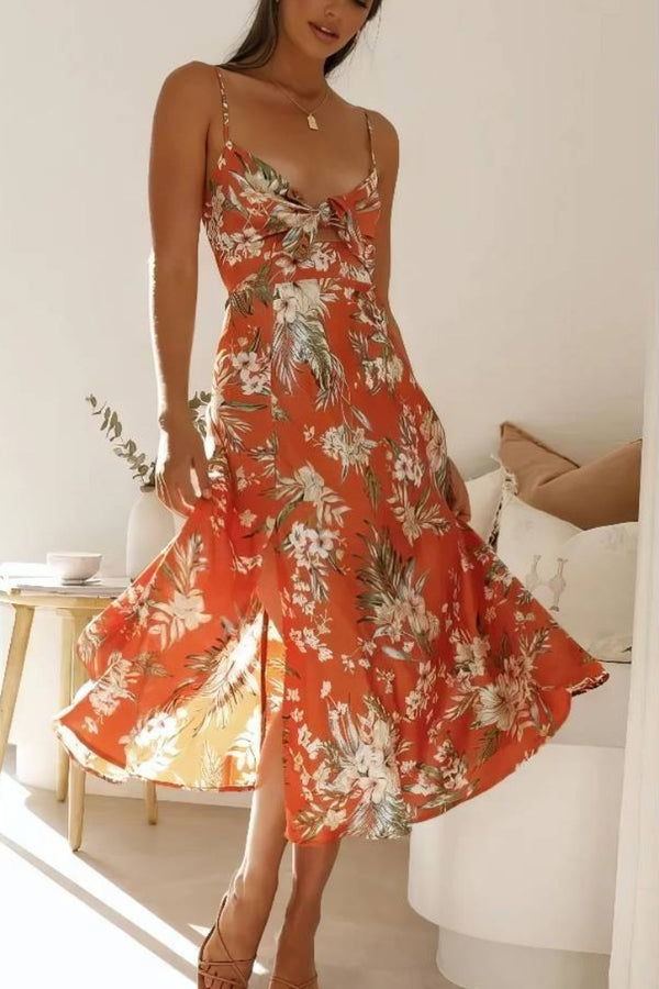 Robe Champêtre Longue À Fleurs Bretelles Fines Nœud Poitrine Taille Haute Fente Latérale