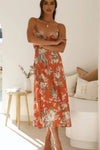 Robe Champêtre Longue À Fleurs Bretelles Fines Nœud Poitrine Taille Haute Fente Latérale