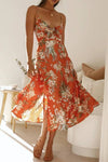Robe Champêtre Longue À Fleurs Bretelles Fines Nœud Poitrine Taille Haute Fente Latérale