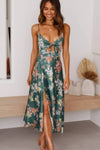 Robe Champêtre Longue À Fleurs Bretelles Fines Nœud Poitrine Taille Haute Fente Latérale