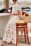 Robe Champêtre Longue Blanche En Dentelle Col Chemise Boutonnée Manches Courtes Bohème Maxi