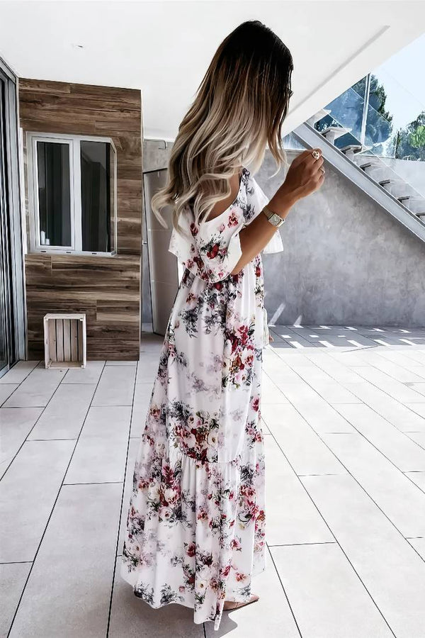 Robe Champêtre Longue Bohème À Fleurs Épaules Nues Bretelles Spaghetti