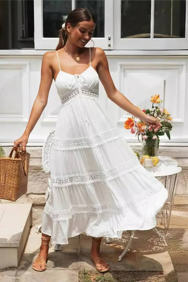 Robe Champêtre Longue Boho Blanche Bretelles Fines Dentelle Taille Empire Maxi