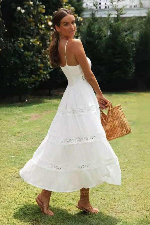 Robe Champêtre Longue Boho Blanche Bretelles Fines Dentelle Taille Empire Maxi