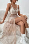 Robe Champêtre Longue Bretelles Fines Maille Transparente Pailletée Coupe A-Line