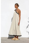 Robe Champêtre Longue Col Asymétrique Une Épaule Sans Manches Trapèze Abricot