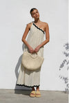 Robe Champêtre Longue Col Asymétrique Une Épaule Sans Manches Trapèze Abricot