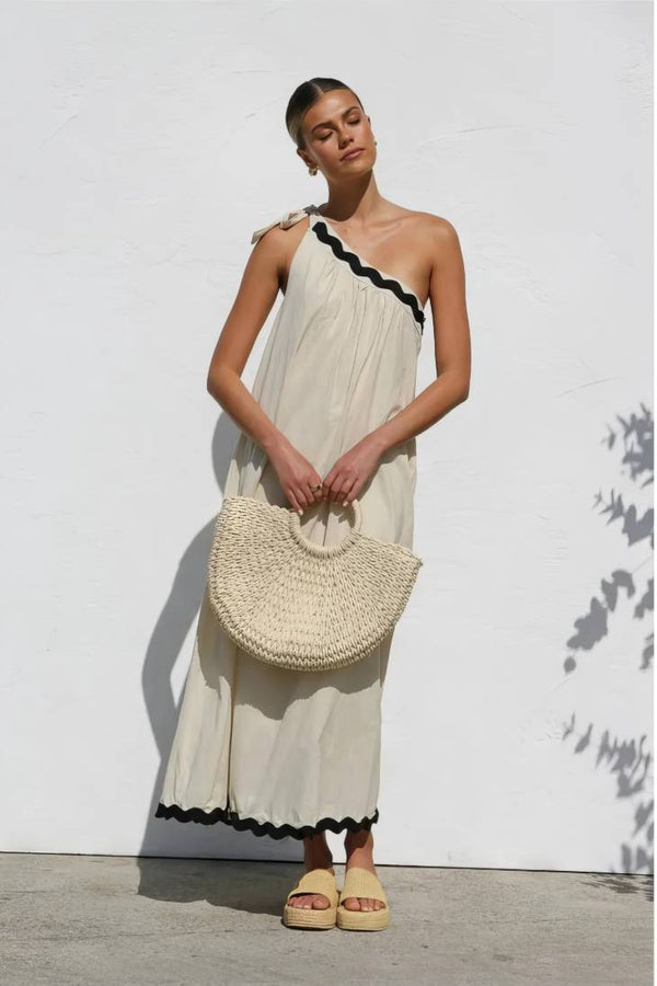 Robe Champêtre Longue Col Asymétrique Une Épaule Sans Manches Trapèze Abricot